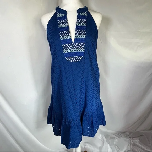 Cabana Life Embroidered Eyelet Halter Dress Blue Size Small Beach‎ Resort Vacay - Picture 2 of 9